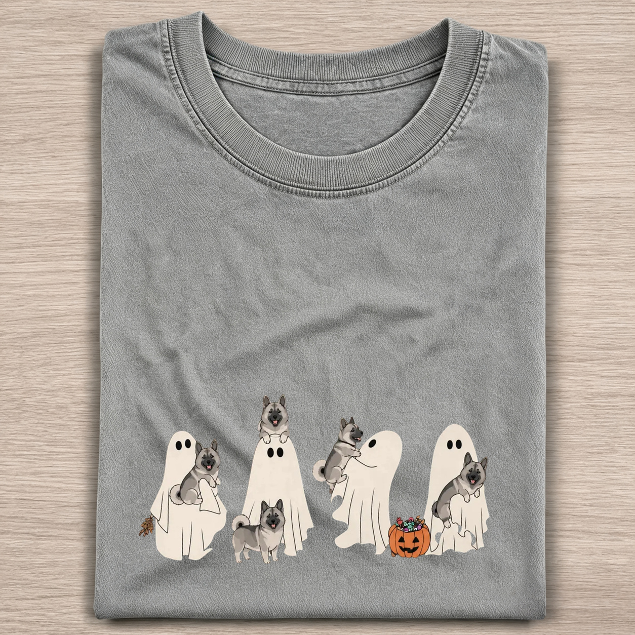 Playful Norwegian Elkhound Puppies With Ghost Pumpkin Halloween Design Washed T‑Shirt