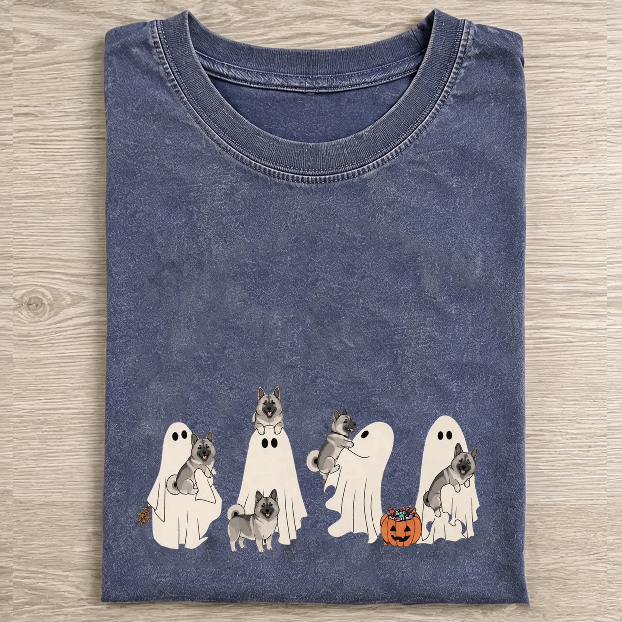 Playful Norwegian Elkhound Puppies With Ghost Pumpkin Halloween Design Washed T‑Shirt