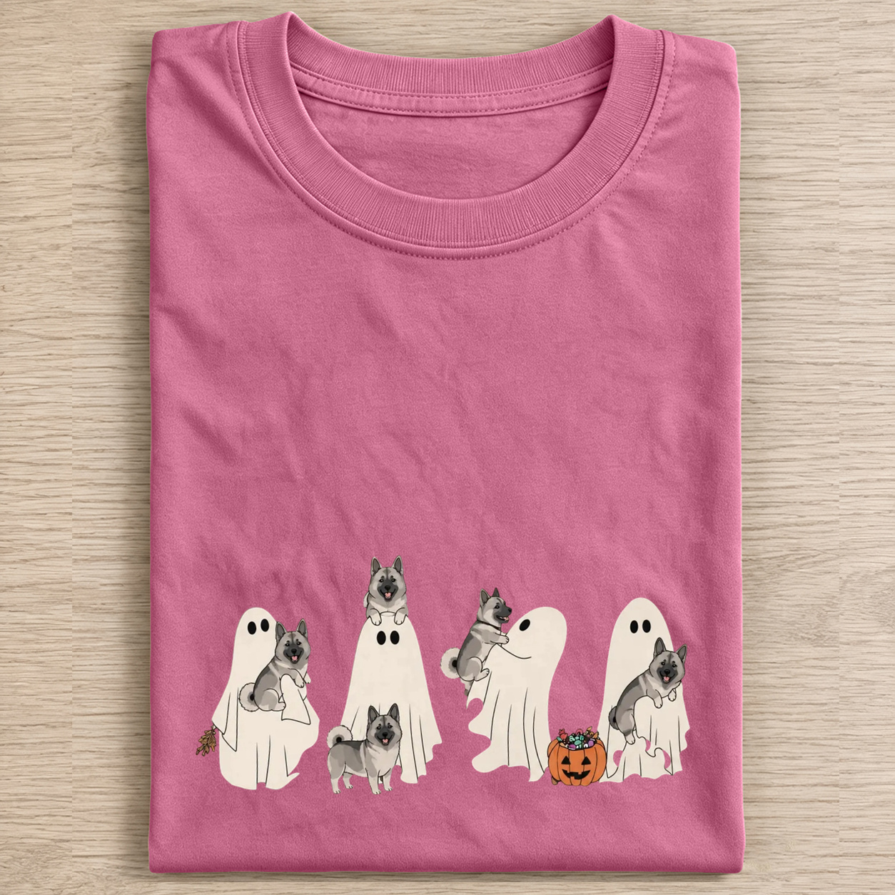 Playful Norwegian Elkhound Puppies With Ghost Pumpkin Halloween Design Washed T‑Shirt