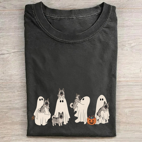 Playful Norwegian Elkhound Puppies With Ghost Pumpkin Halloween Design Washed T‑Shirt