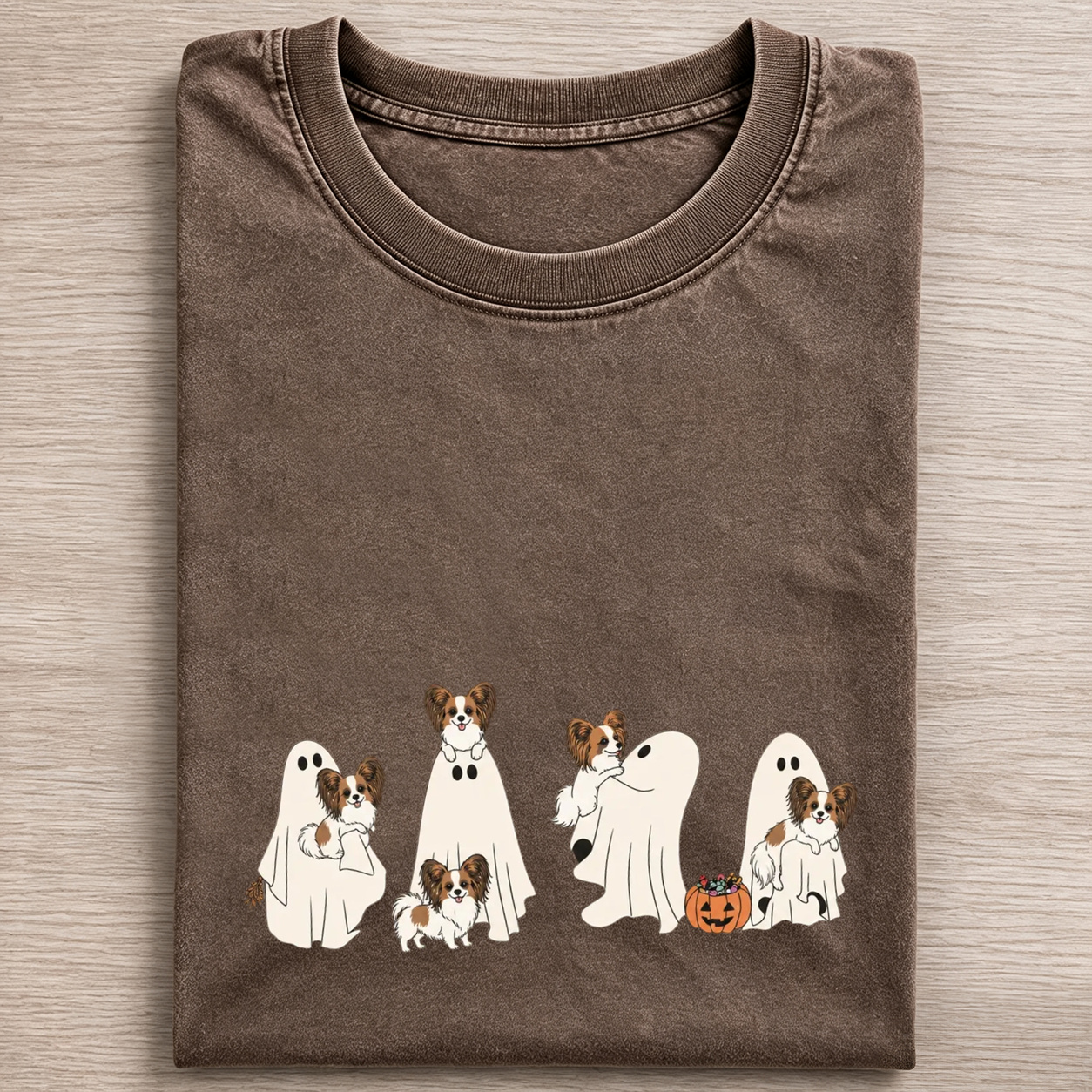 Cheerful Papillon Puppies With Ghost Pumpkin Halloween Design Washed T‑Shirt