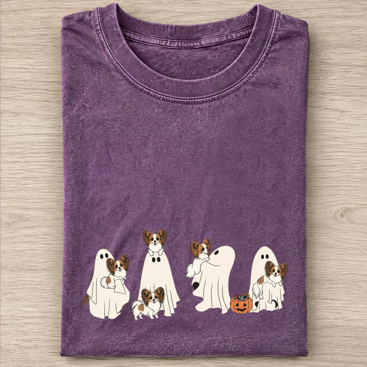 Cheerful Papillon Puppies With Ghost Pumpkin Halloween Design Washed T‑Shirt