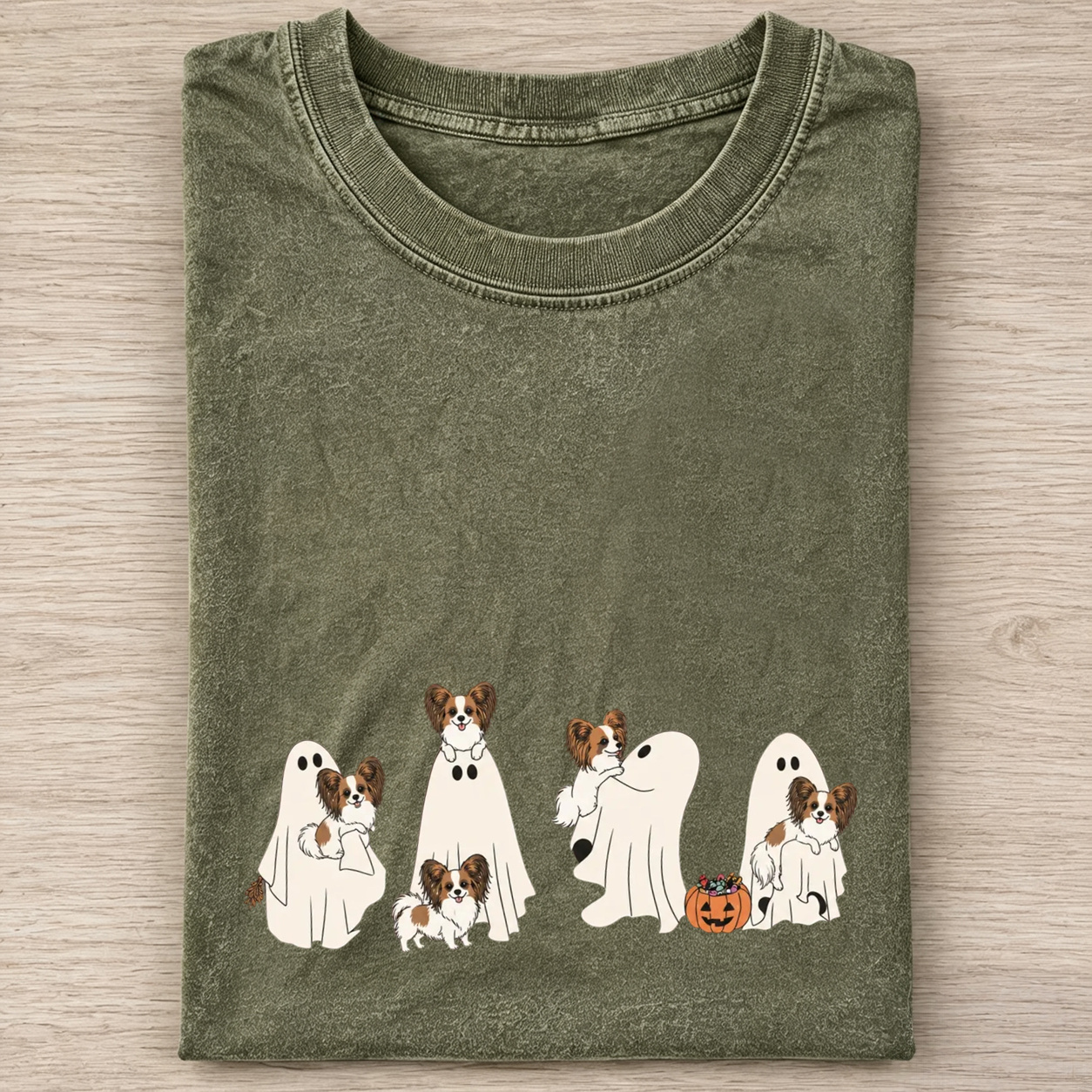 Cheerful Papillon Puppies With Ghost Pumpkin Halloween Design Washed T‑Shirt
