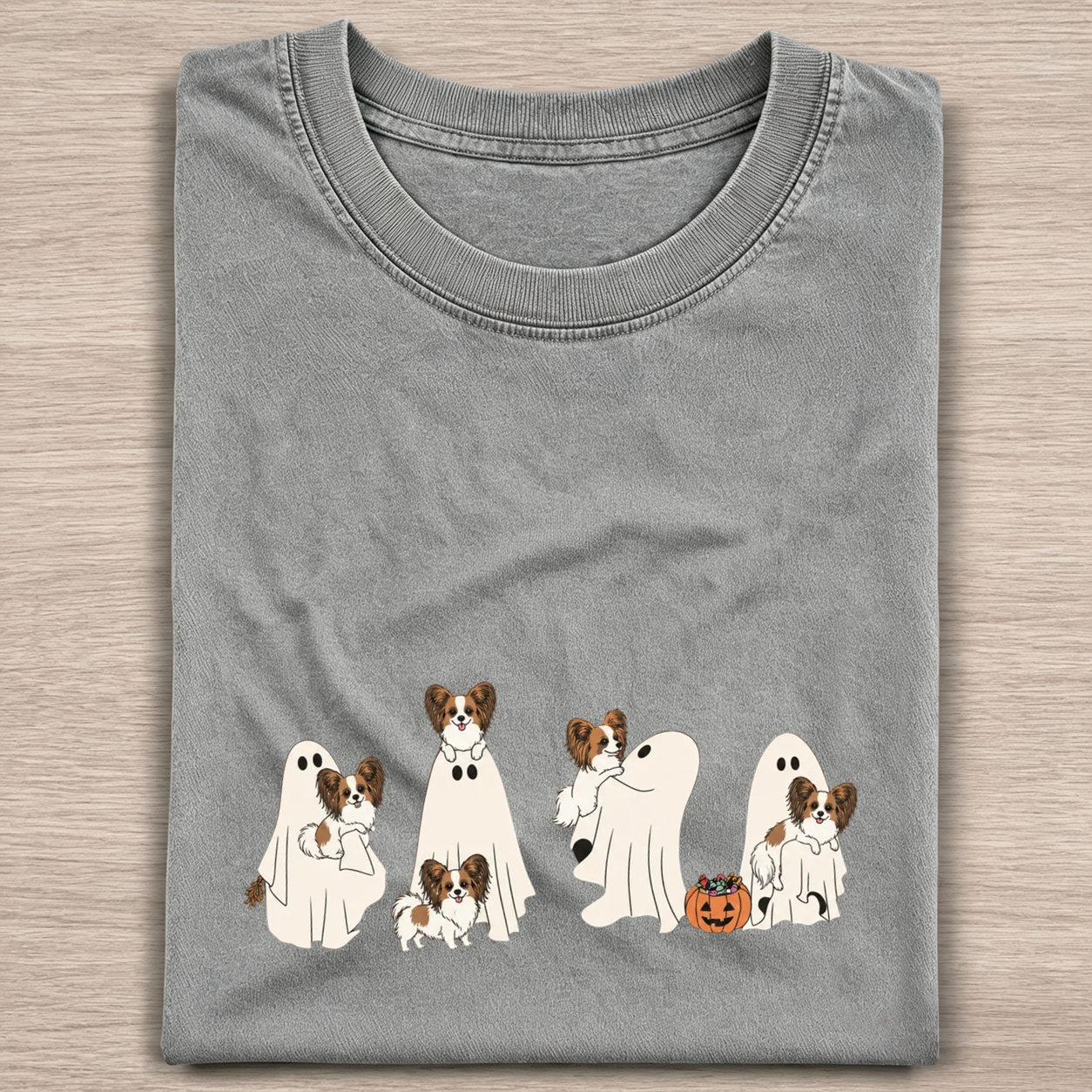 Cheerful Papillon Puppies With Ghost Pumpkin Halloween Design Washed T‑Shirt