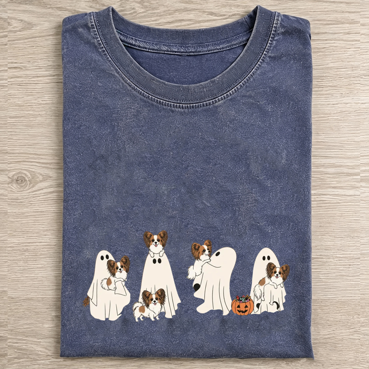 Cheerful Papillon Puppies With Ghost Pumpkin Halloween Design Washed T‑Shirt