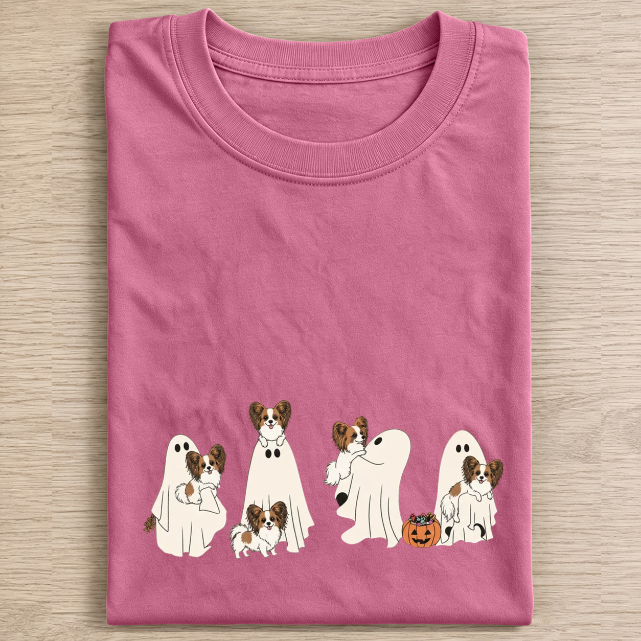 Cheerful Papillon Puppies With Ghost Pumpkin Halloween Design Washed T‑Shirt