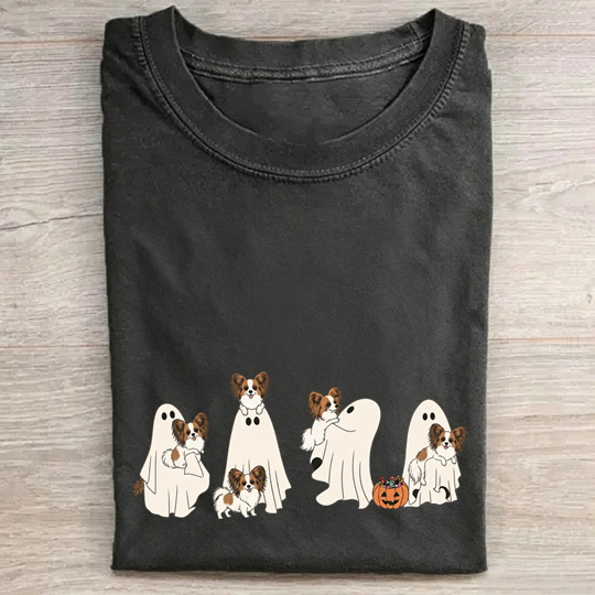 Cheerful Papillon Puppies With Ghost Pumpkin Halloween Design Washed T‑Shirt
