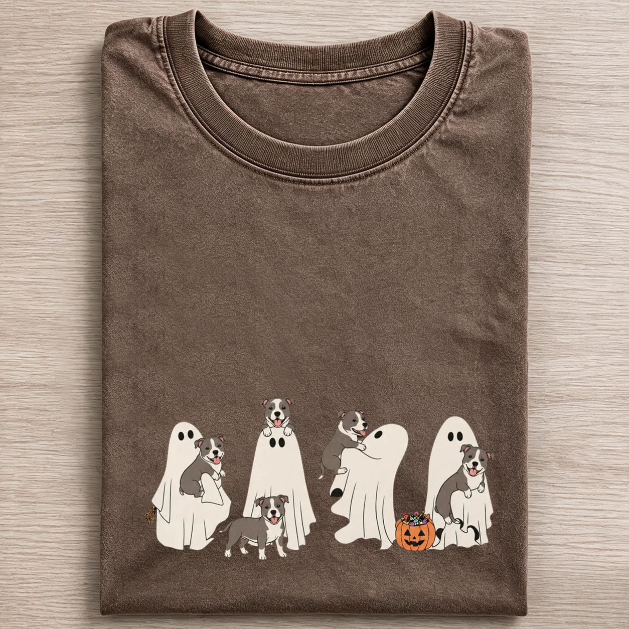 Fun Pitbull Puppies With Ghost Pumpkin Halloween Design Washed T‑Shirt