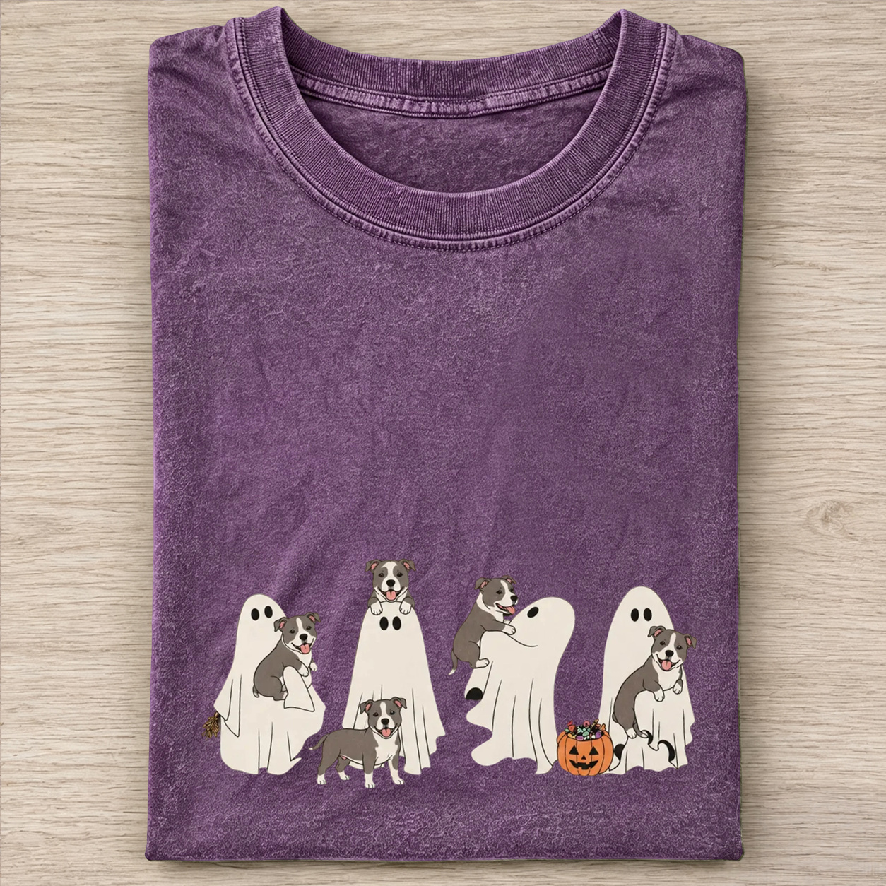Fun Pitbull Puppies With Ghost Pumpkin Halloween Design Washed T‑Shirt