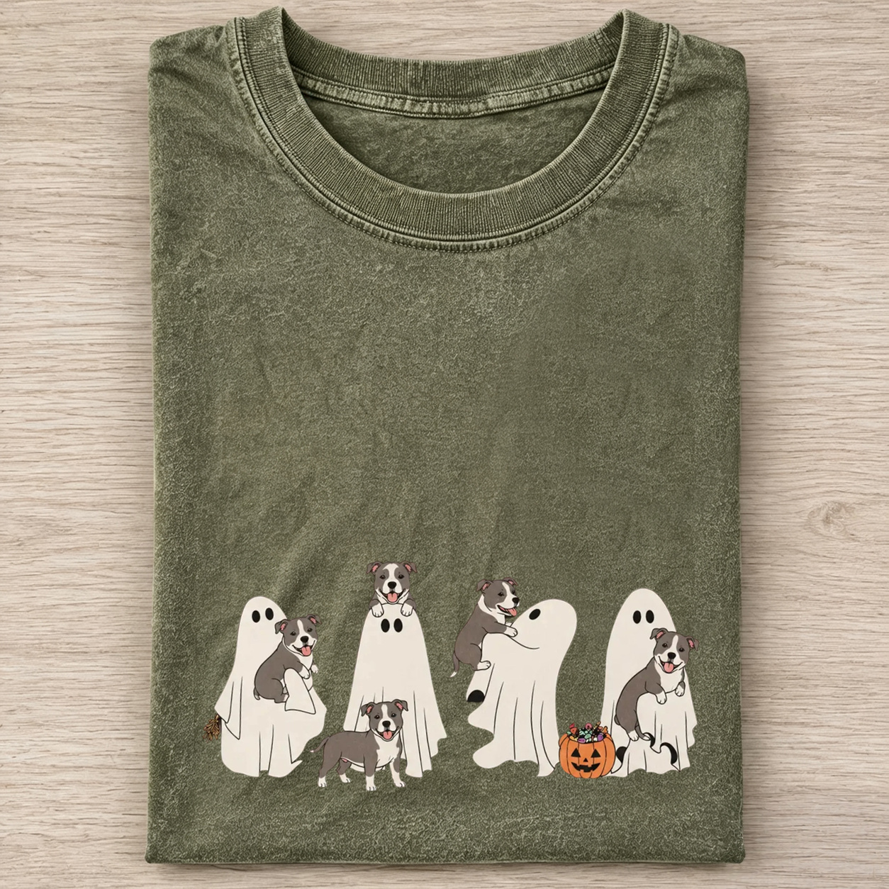 Fun Pitbull Puppies With Ghost Pumpkin Halloween Design Washed T‑Shirt