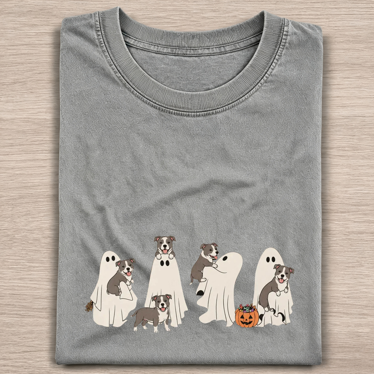 Fun Pitbull Puppies With Ghost Pumpkin Halloween Design Washed T‑Shirt