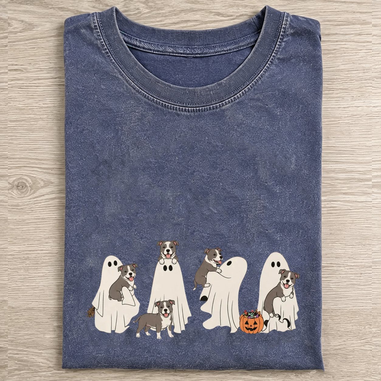 Fun Pitbull Puppies With Ghost Pumpkin Halloween Design Washed T‑Shirt