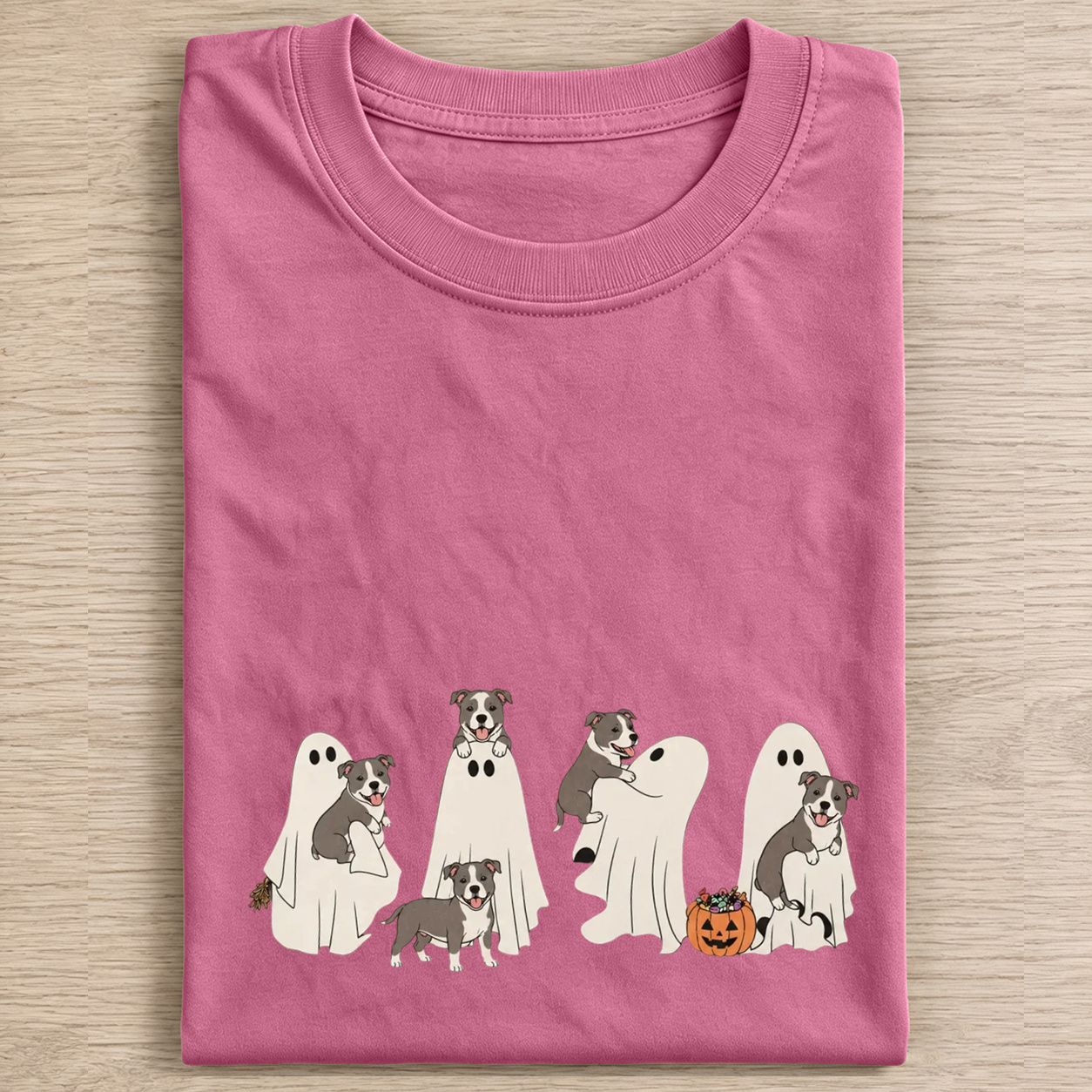 Fun Pitbull Puppies With Ghost Pumpkin Halloween Design Washed T‑Shirt
