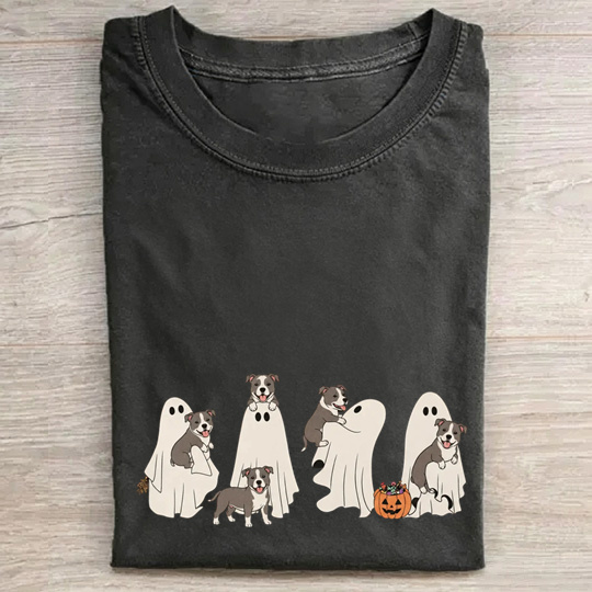 Fun Pitbull Puppies With Ghost Pumpkin Halloween Design Washed T‑Shirt