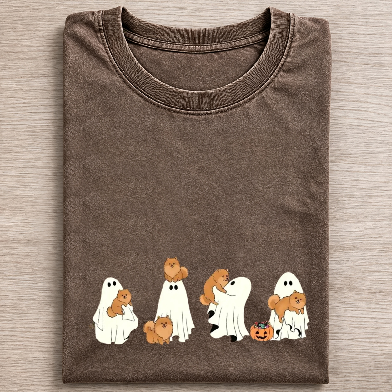 Sweet Pomeranian Puppies With Ghost Pumpkin Halloween Design Washed T‑Shirt