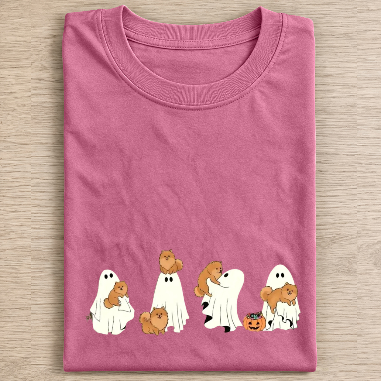 Sweet Pomeranian Puppies With Ghost Pumpkin Halloween Design Washed T‑Shirt