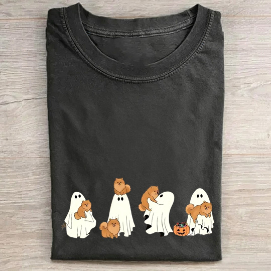 Sweet Pomeranian Puppies With Ghost Pumpkin Halloween Design Washed T‑Shirt