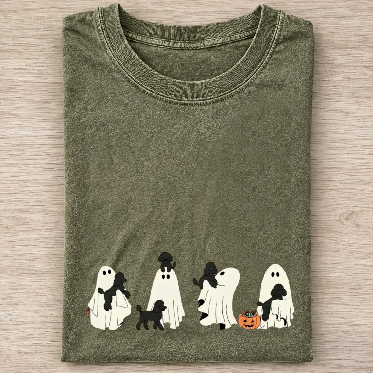 Playful Poodle Puppies With Ghost Pumpkin Halloween Design Was