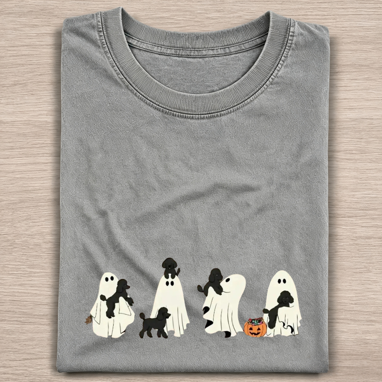 Playful Poodle Puppies With Ghost Pumpkin Halloween Design Was