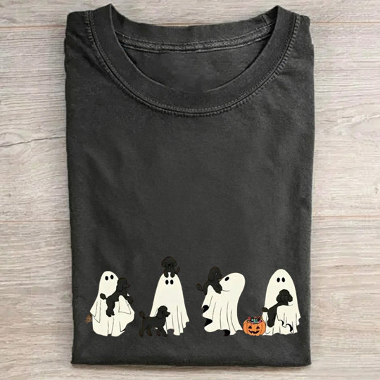 Playful Poodle Puppies With Ghost Pumpkin Halloween Design Was