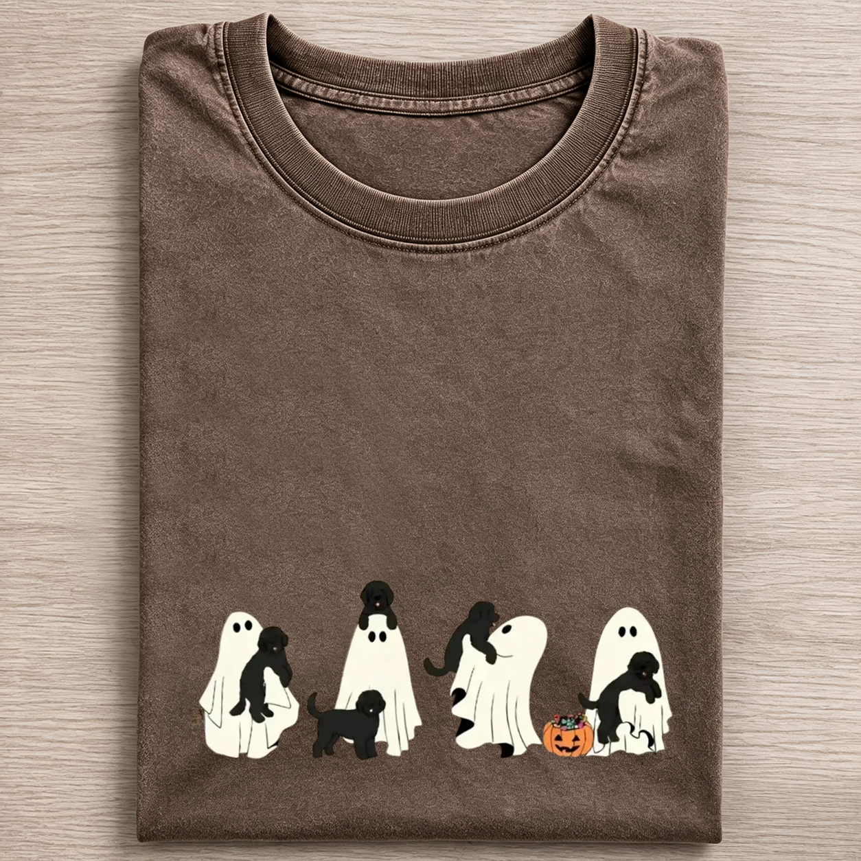 Cheerful Black Labrador Puppies With Ghost Pumpkin Halloween Design Washed T‑Shirt