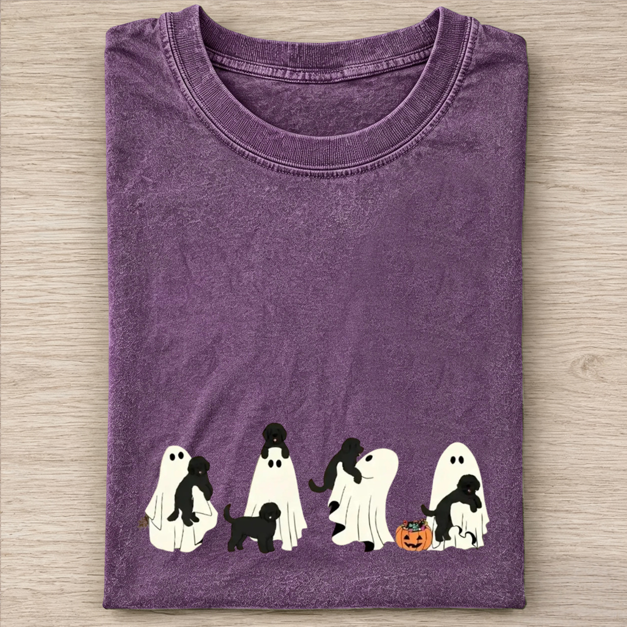 Cheerful Black Labrador Puppies With Ghost Pumpkin Halloween Design Washed T‑Shirt