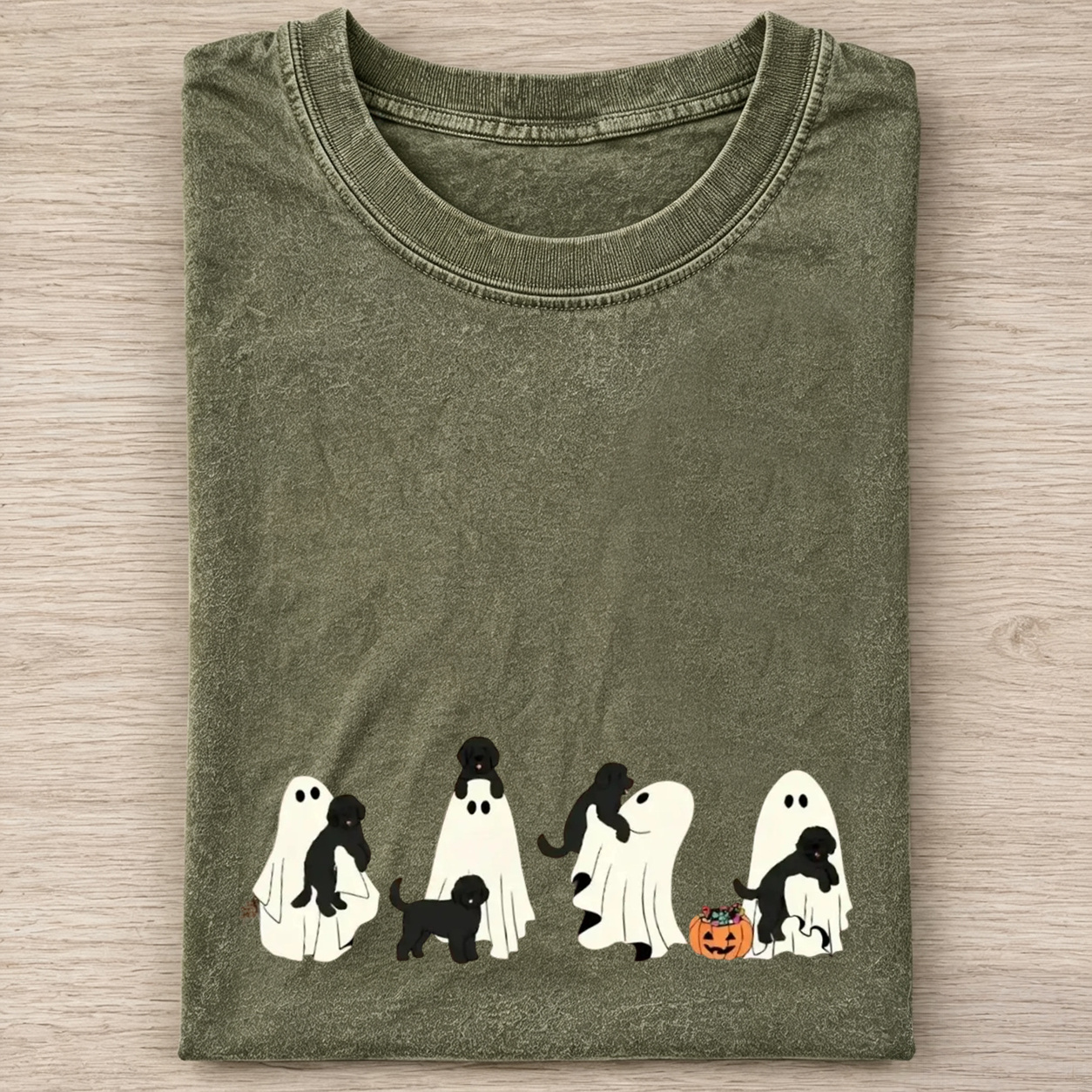 Cheerful Black Labrador Puppies With Ghost Pumpkin Halloween Design Washed T‑Shirt