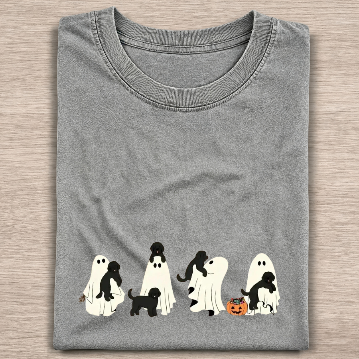 Cheerful Black Labrador Puppies With Ghost Pumpkin Halloween Design Washed T‑Shirt