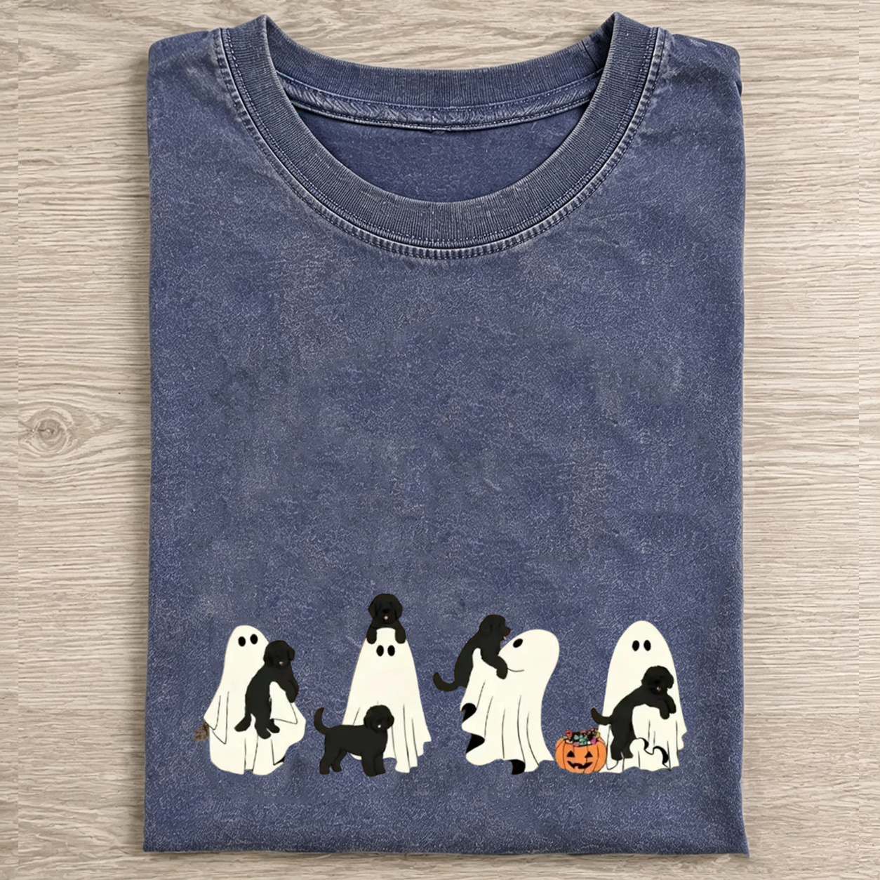 Cheerful Black Labrador Puppies With Ghost Pumpkin Halloween Design Washed T‑Shirt