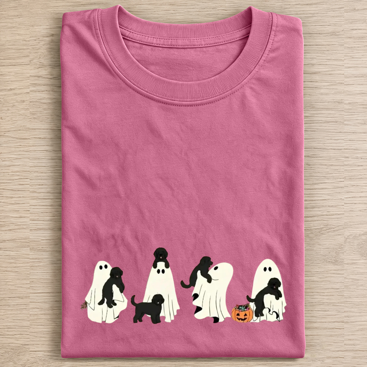 Cheerful Black Labrador Puppies With Ghost Pumpkin Halloween Design Washed T‑Shirt