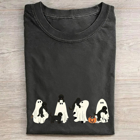 Cheerful Black Labrador Puppies With Ghost Pumpkin Halloween Design Washed T‑Shirt