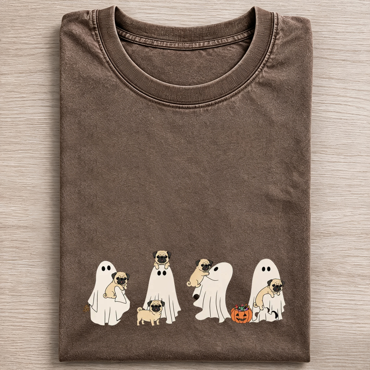 Lovely Pug Puppies With Ghost Pumpkin Halloween Design Washed T‑Shirt