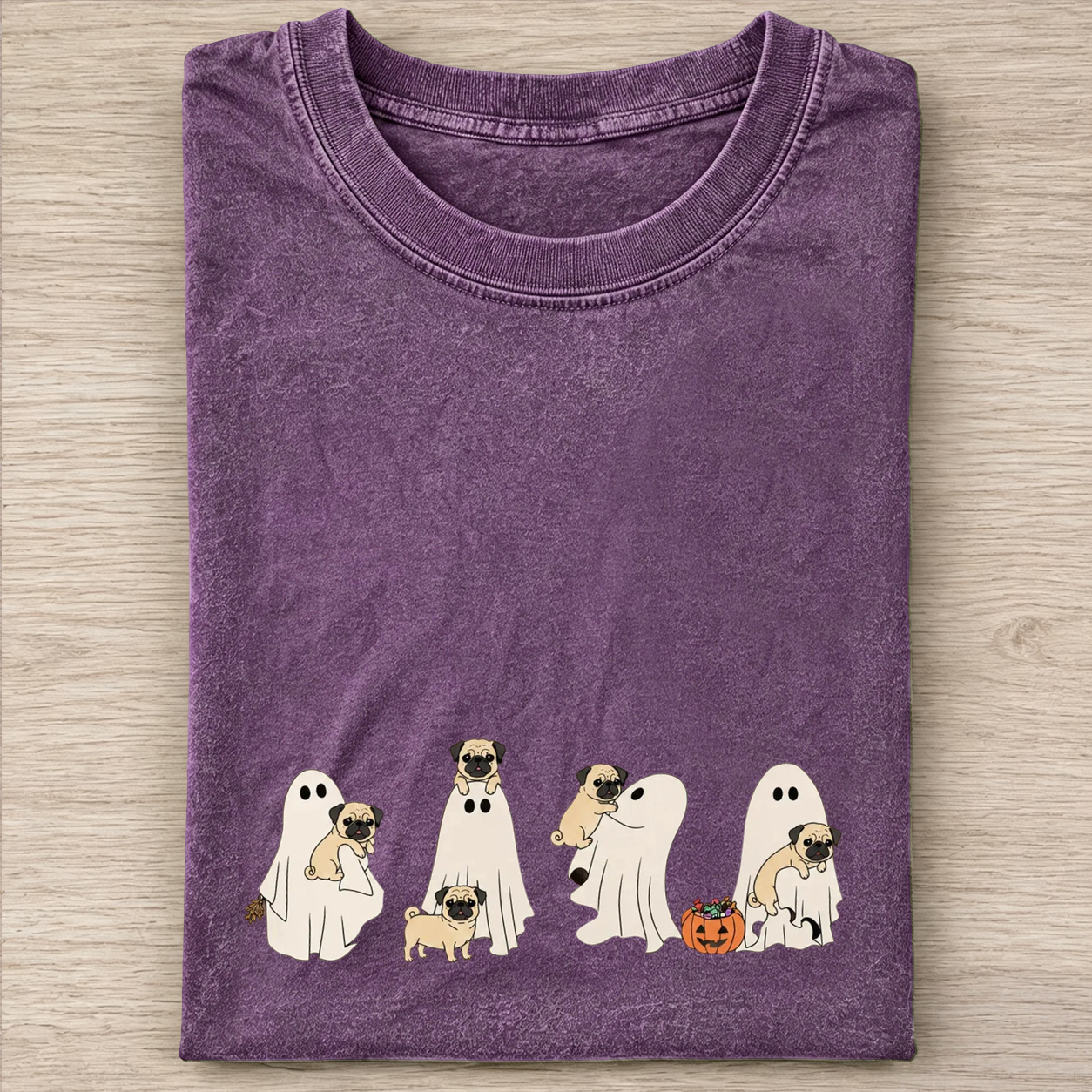 Lovely Pug Puppies With Ghost Pumpkin Halloween Design Washed T‑Shirt