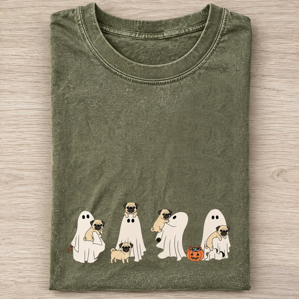 Lovely Pug Puppies With Ghost Pumpkin Halloween Design Washed T‑Shirt