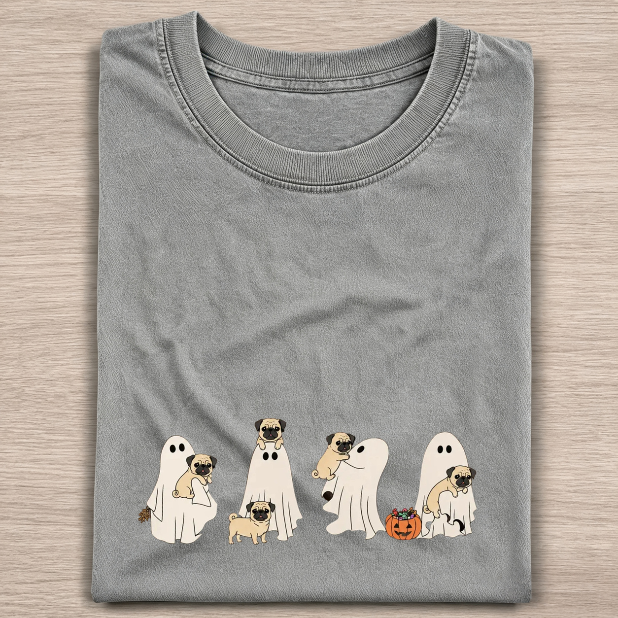 Lovely Pug Puppies With Ghost Pumpkin Halloween Design Washed T‑Shirt