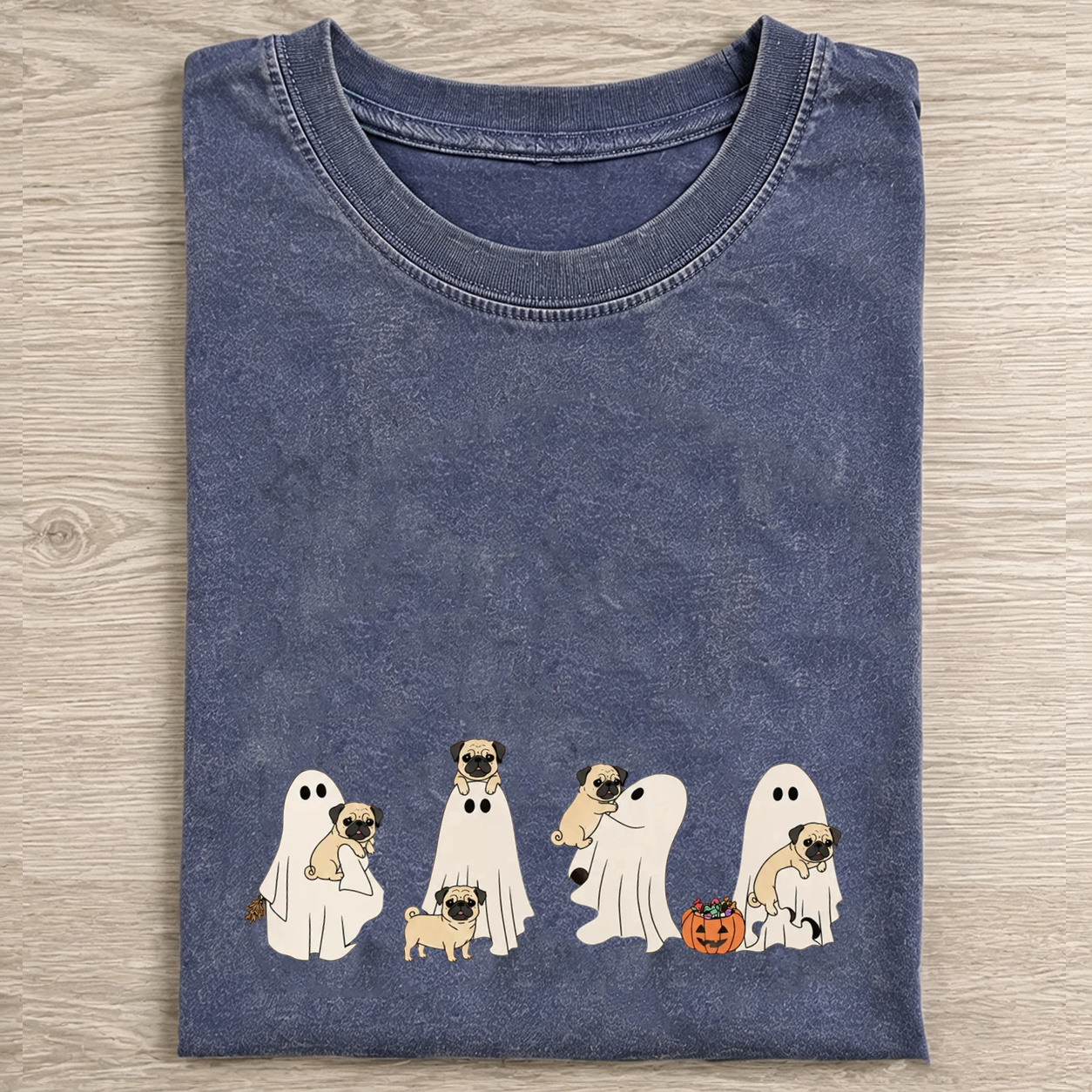 Lovely Pug Puppies With Ghost Pumpkin Halloween Design Washed T‑Shirt