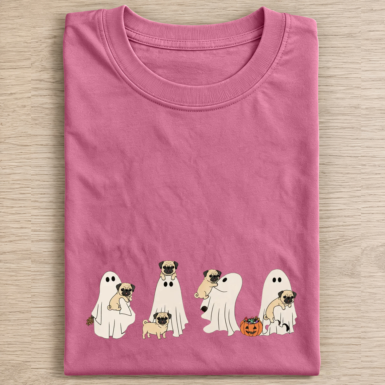 Lovely Pug Puppies With Ghost Pumpkin Halloween Design Washed T‑Shirt