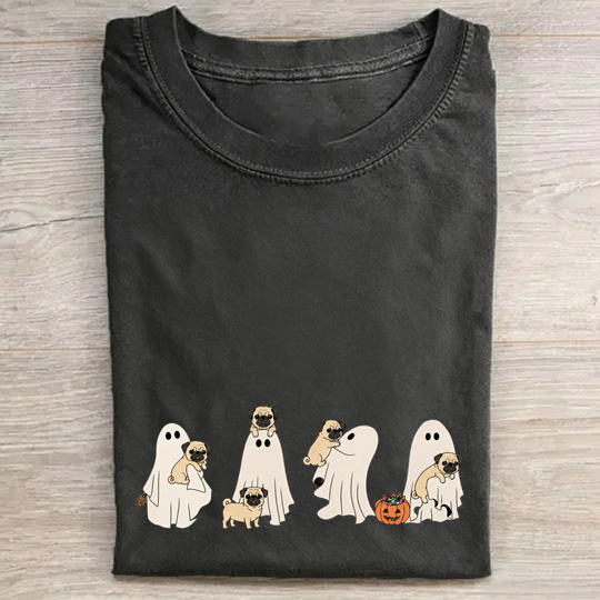 Lovely Pug Puppies With Ghost Pumpkin Halloween Design Washed T‑Shirt