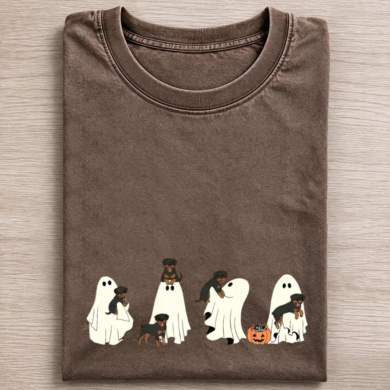 Fun Rottweiler Puppies With Ghost Pumpkin Halloween Design Washed T‑Shirt