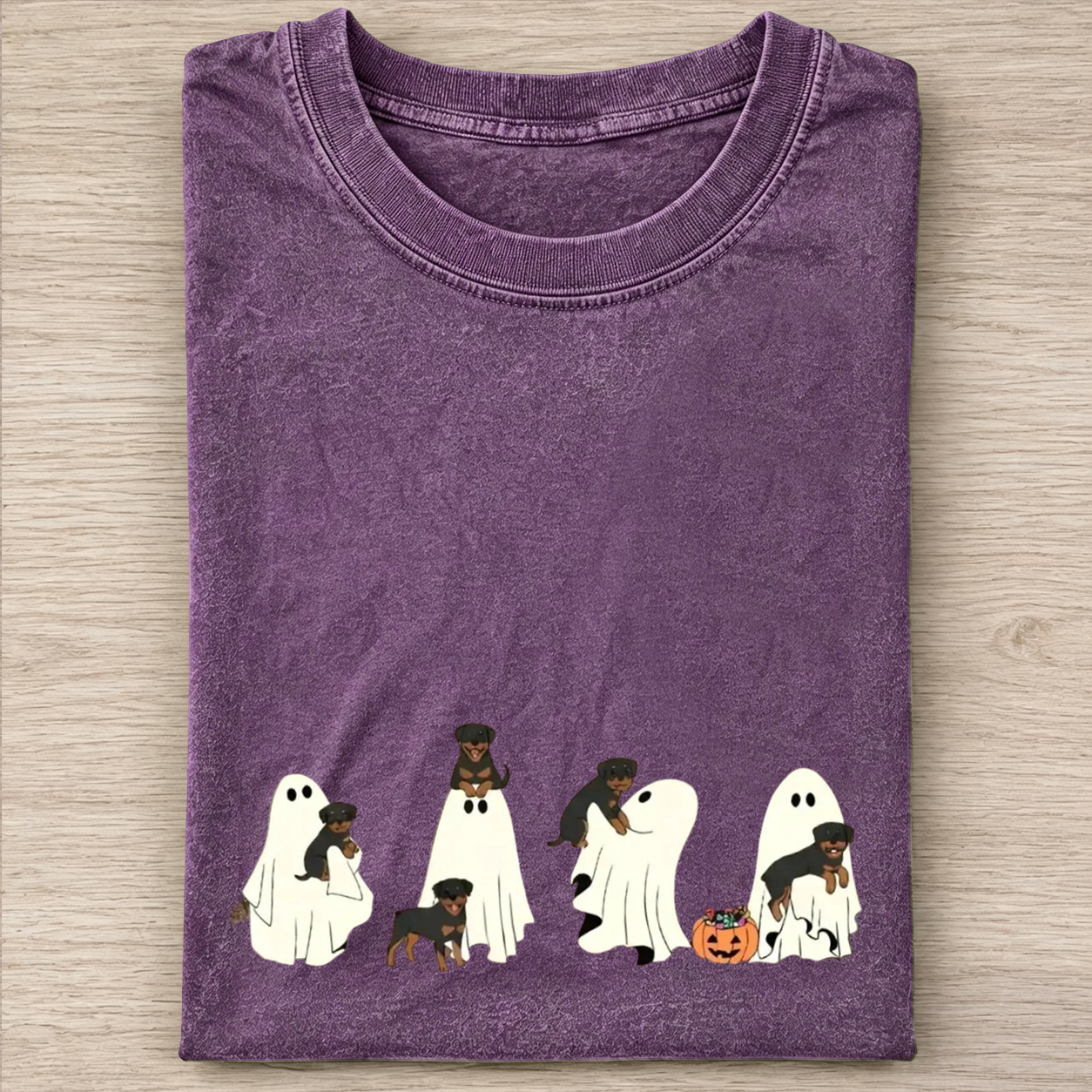 Fun Rottweiler Puppies With Ghost Pumpkin Halloween Design Washed T‑Shirt
