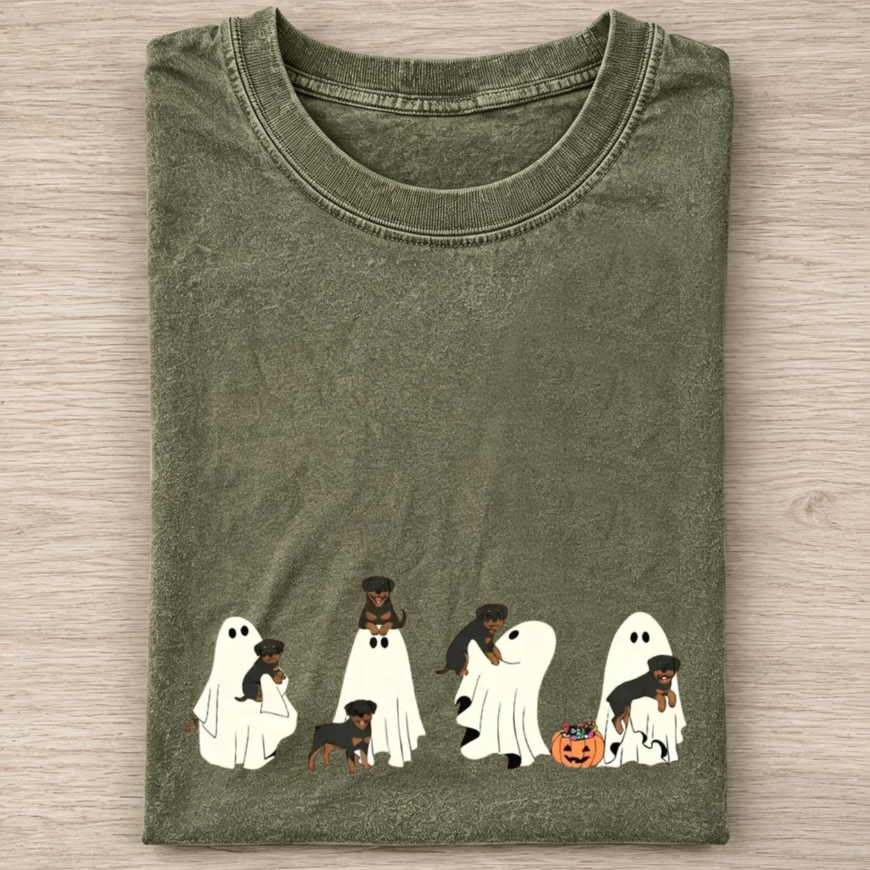 Fun Rottweiler Puppies With Ghost Pumpkin Halloween Design Washed T‑Shirt