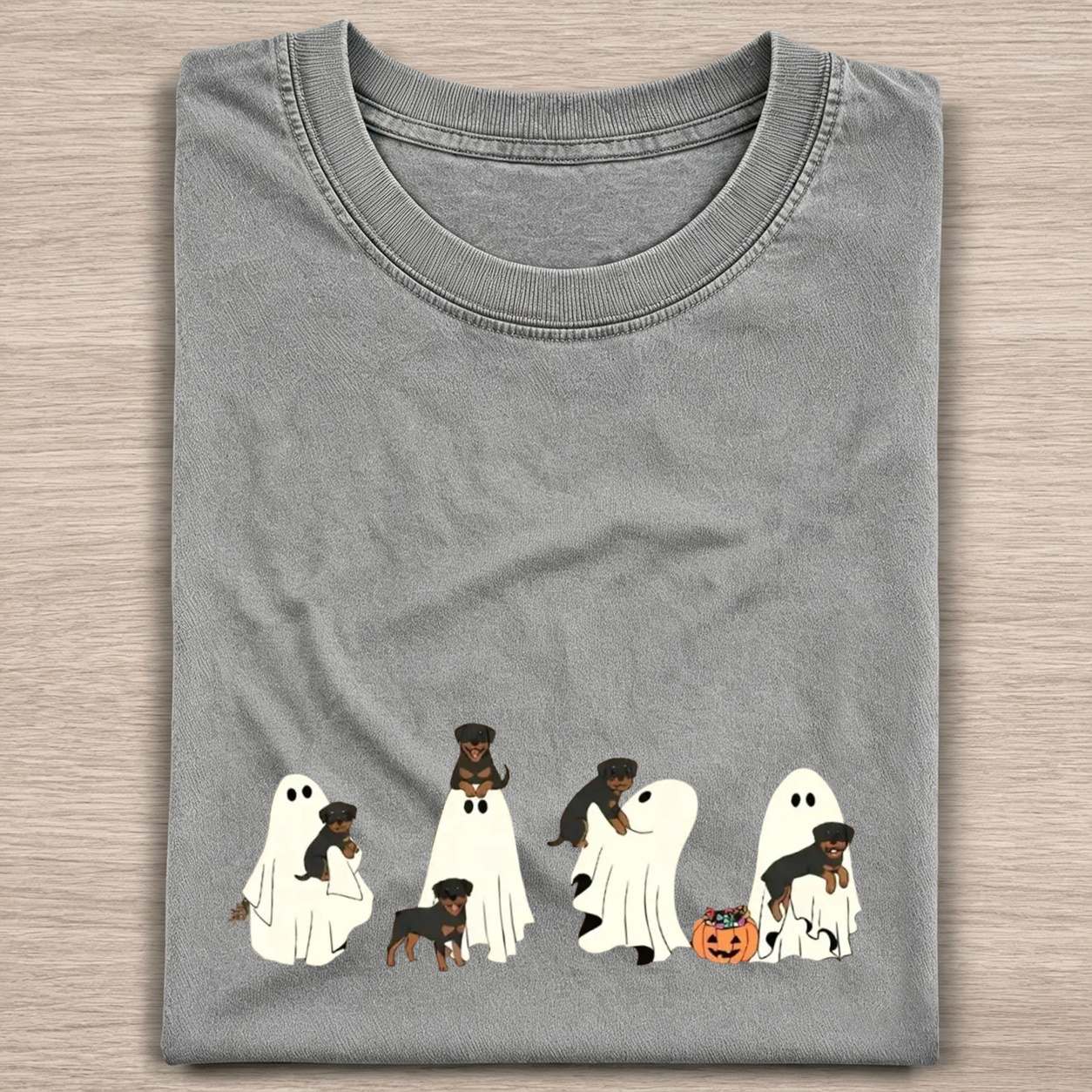 Fun Rottweiler Puppies With Ghost Pumpkin Halloween Design Washed T‑Shirt