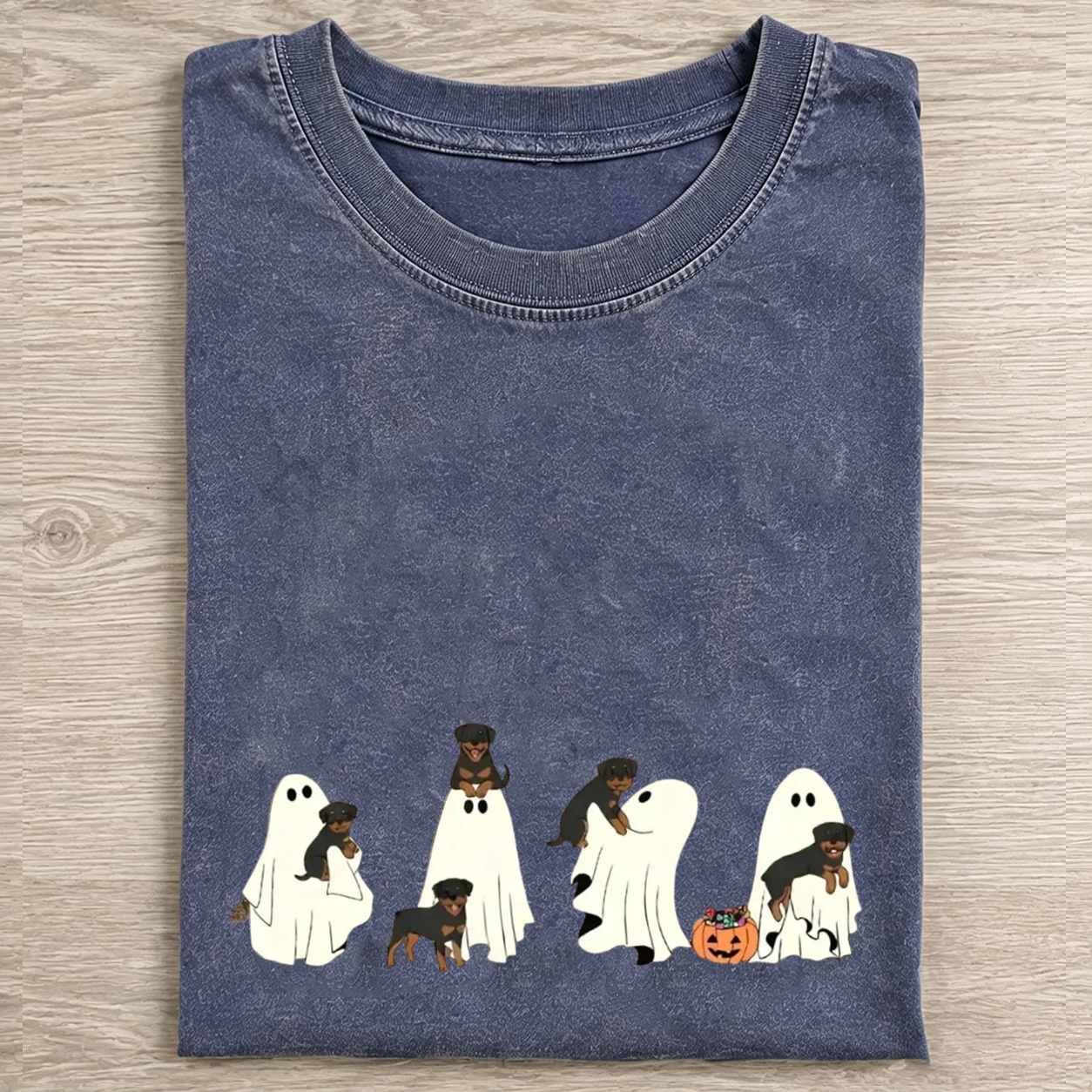 Fun Rottweiler Puppies With Ghost Pumpkin Halloween Design Washed T‑Shirt