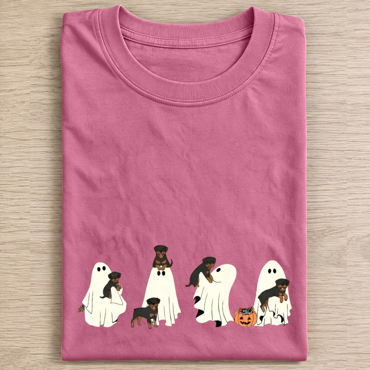 Fun Rottweiler Puppies With Ghost Pumpkin Halloween Design Washed T‑Shirt