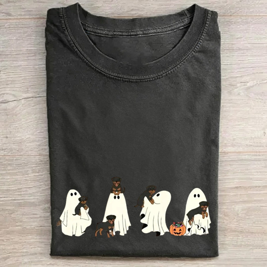 Fun Rottweiler Puppies With Ghost Pumpkin Halloween Design Washed T‑Shirt