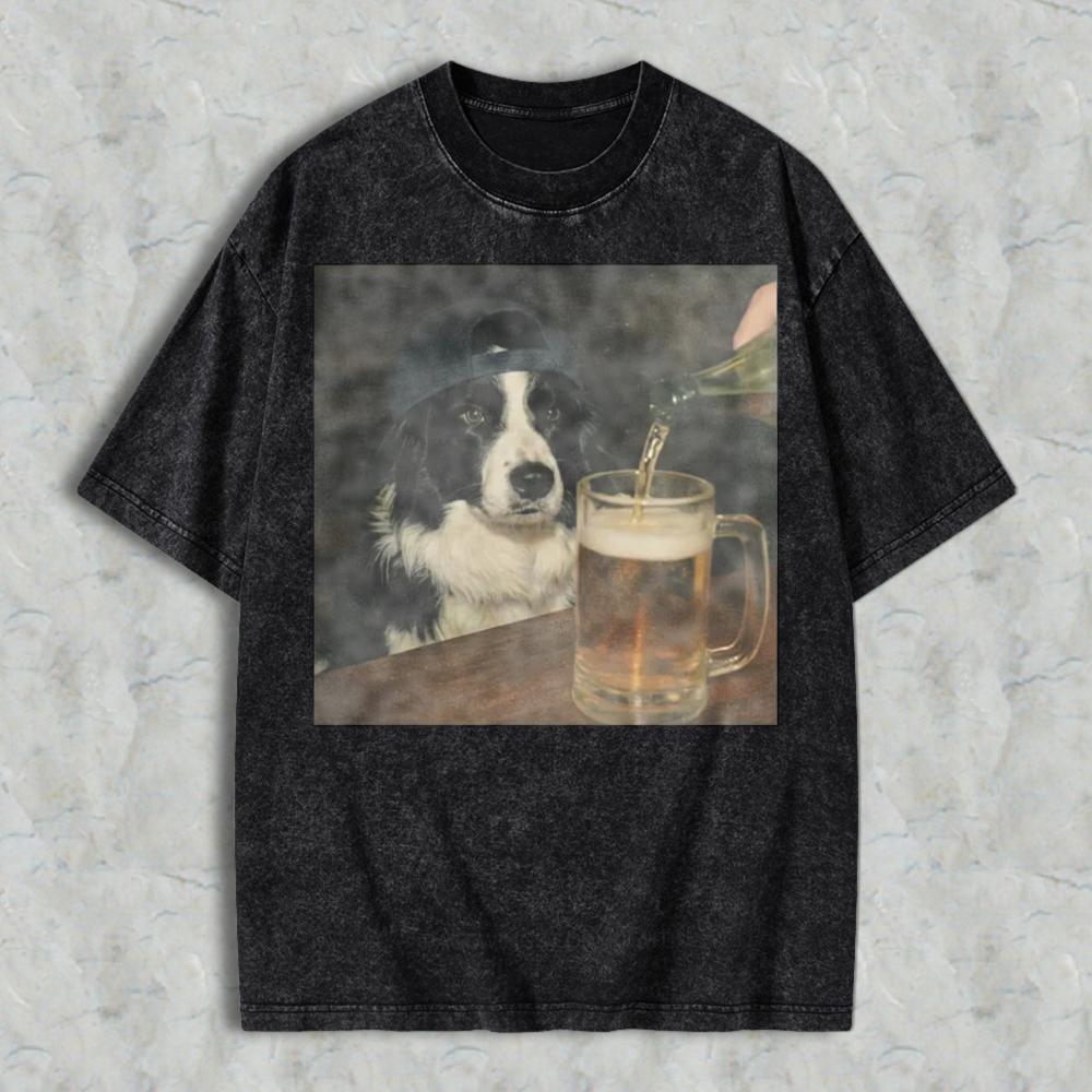 Funny Dog Watching Beer Being Poured Into Mug Graphic Washed T-shirt