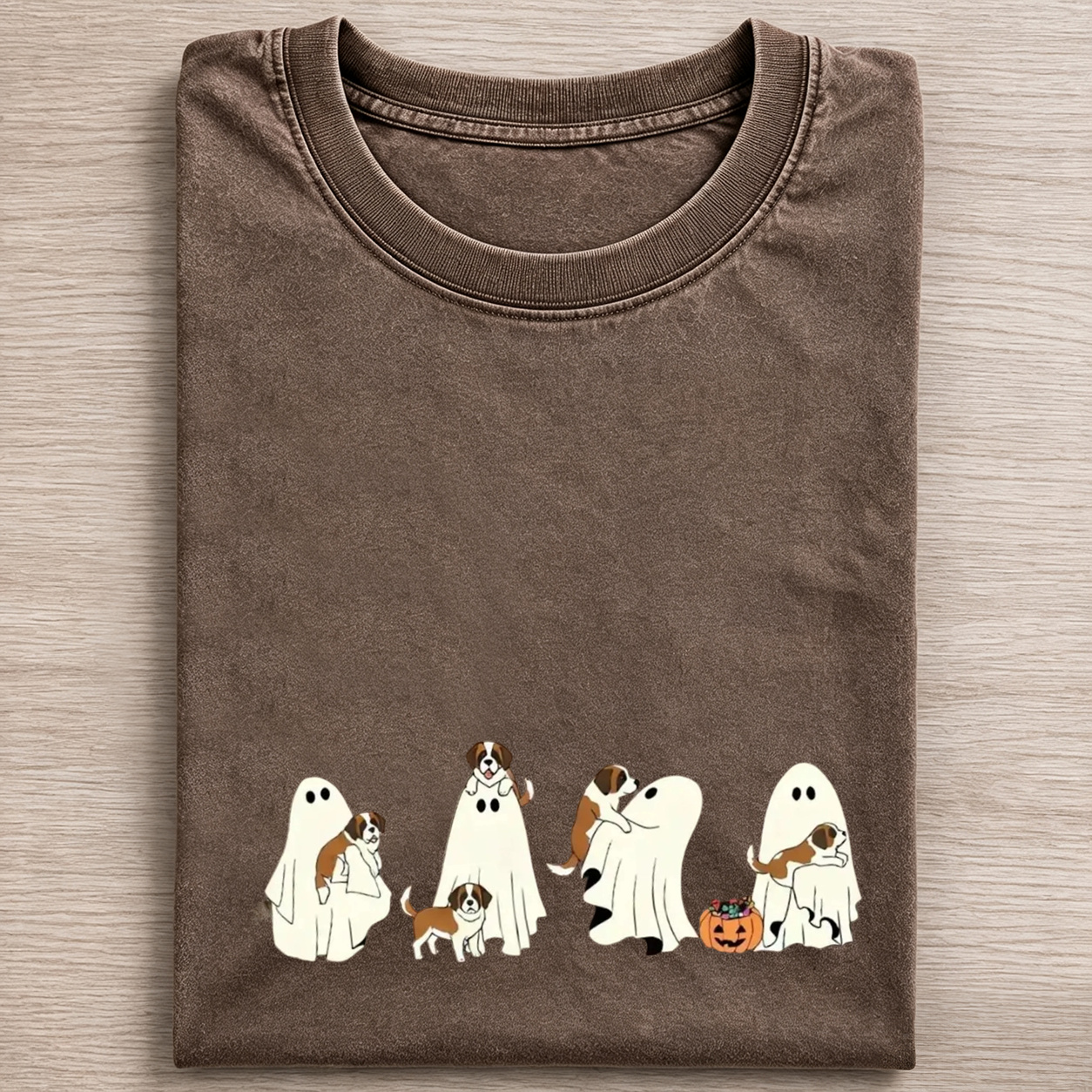 Sweet Saint Bernard Puppies With Ghost Pumpkin Halloween Design Washed T‑Shirt