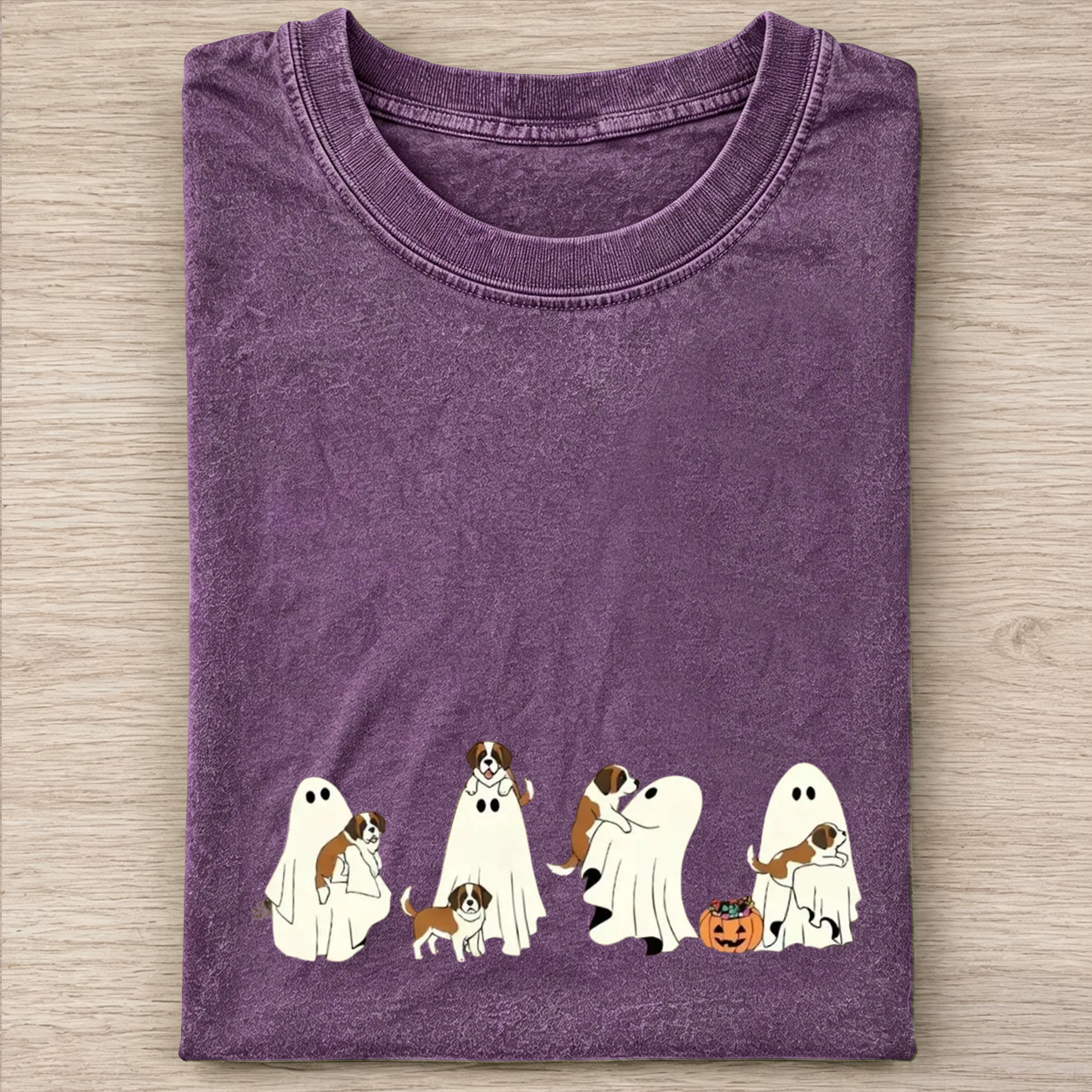Sweet Saint Bernard Puppies With Ghost Pumpkin Halloween Design Washed T‑Shirt
