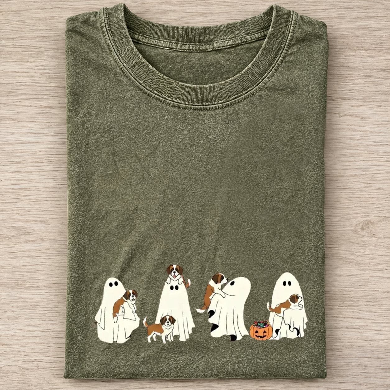 Sweet Saint Bernard Puppies With Ghost Pumpkin Halloween Design Washed T‑Shirt