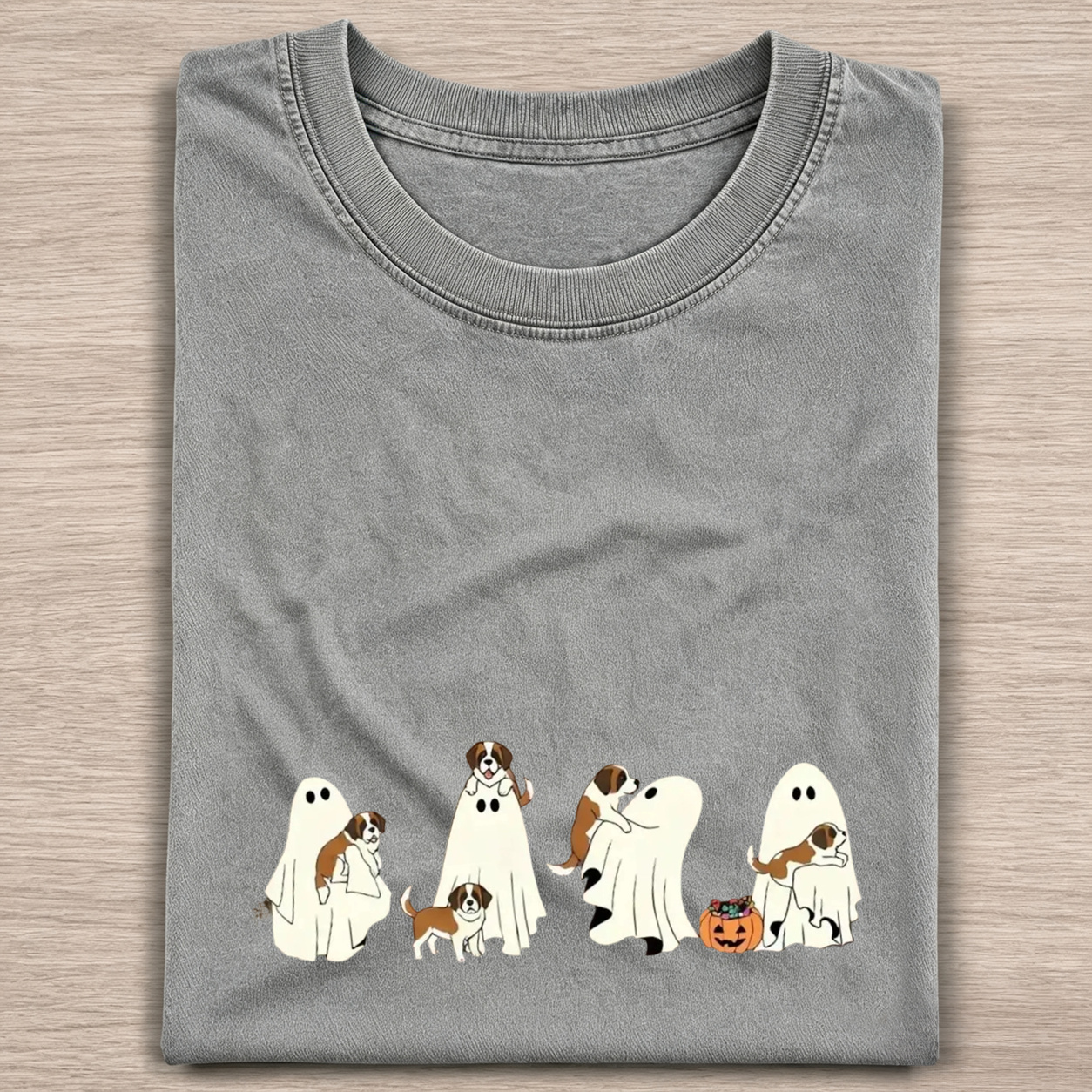 Sweet Saint Bernard Puppies With Ghost Pumpkin Halloween Design Washed T‑Shirt